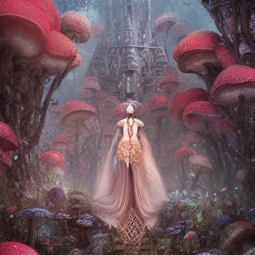 Insanely detailed photograph of an “tower of Mushroom city” with intricate hair, intricate embroidered dress, beautiful clear face and hyperdetailed painting by Ismail Inceoglu Huang Guangjian and Dan Witz CGSociety ZBrush Central fantasy art album cover art,8K, hdr, romantic, mysterious, ominous, flowers, jewelry, comfort, natural eyes, "arms open for embrace",looking upwards