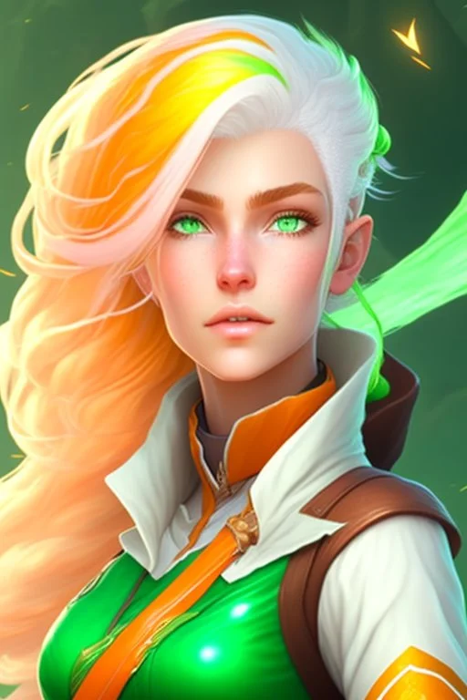 fantasy setting, woman ranger traveler with orange and white hair, pastel green eyes, kind, soft facial traits