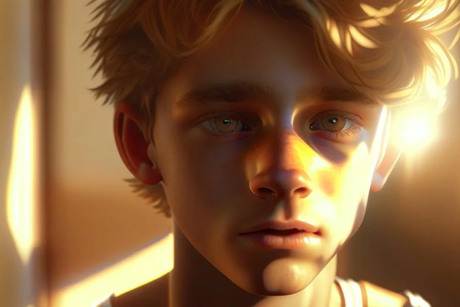 A realistic close up portrait of a cute teen boy with honey brown eyes and golden blond hair, innocent and thoughtful, gazing into the camera, a hint of facial hair, wearing sleeveless shirt, inside an empty room with warm sunlight streaming in, detailed, high definition, 4K, 8K, quality render