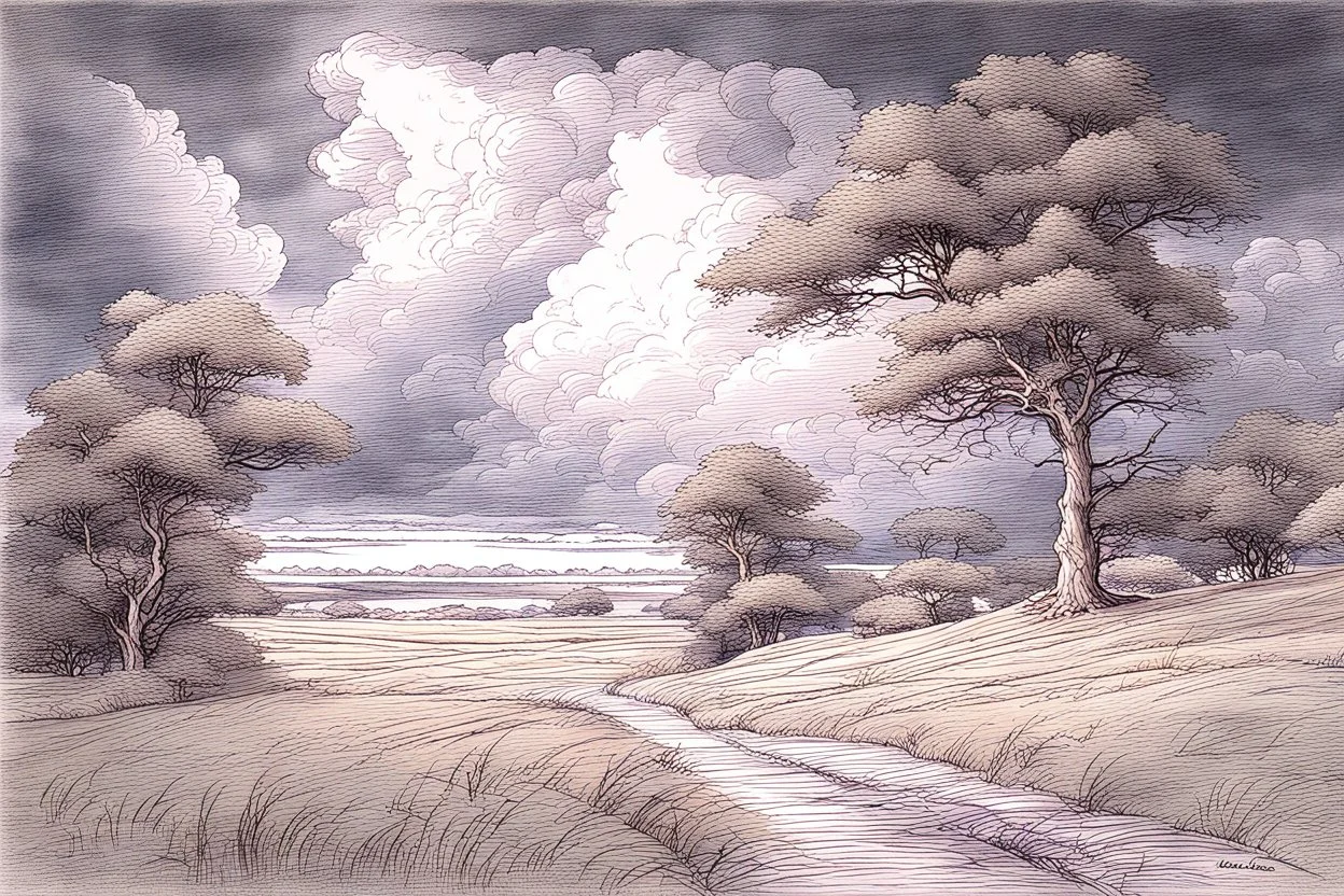 summer thunderstorm, Trees, , Dark Clouds, Bad Weather, June, wet in wet Modifiers: beautiful Arthur Rackham Jean-Baptiste Monge Josephine Wall Thomas Wells Schaller shabby chic Pencil and pastel sketch pastel patchwork line art