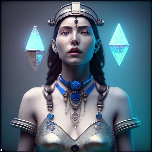 a native woman holding a blue crystal up to the sky and screaming, steam punk, realistic, made in octane, cinematic, ultra-realistic, extremely detailed octane rendering, 8K, VRAY Super Real ar 2:3, dof photorealistic futuristic 50mm lens hard lighting dark gray tintype photograph, realistic lighting