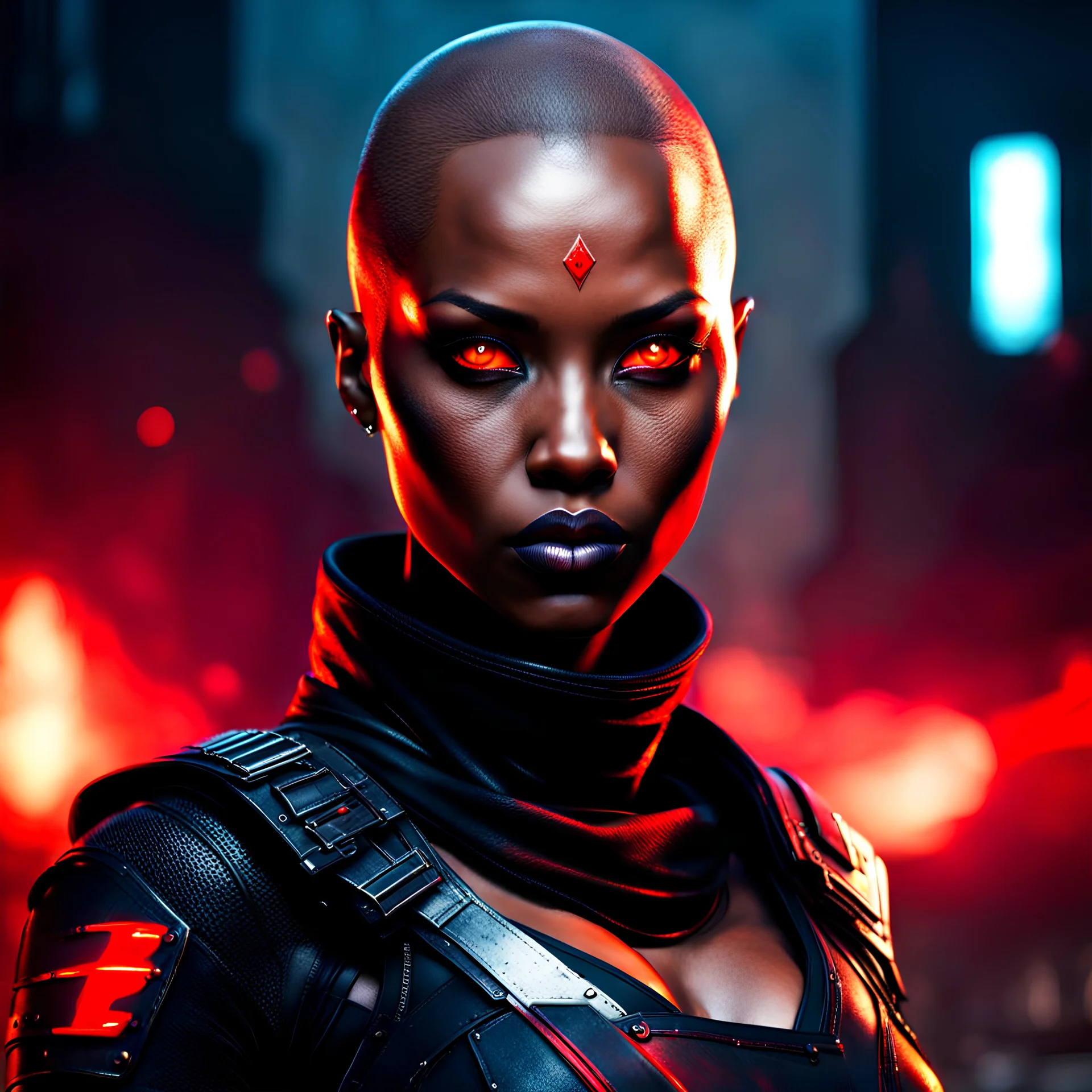 female black assassin with glowing red eyes shaved head, decolletage, post-apocalyptic background, unreal engine style