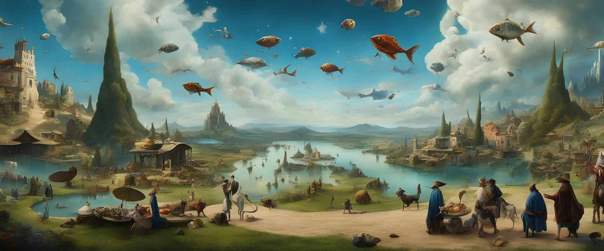 Salvador Dali and Hieronymus Bosch talking to each other at an outdoor surrealist market. A herd of dream-like sky-fish swim high in the far distant sky, with a beautiful surreal outdoor countryside summer scene with hills, waterfalls, and an intricate fractal sky, very high detail, photorealistic, epic cinematic, 8K, Large depth of field