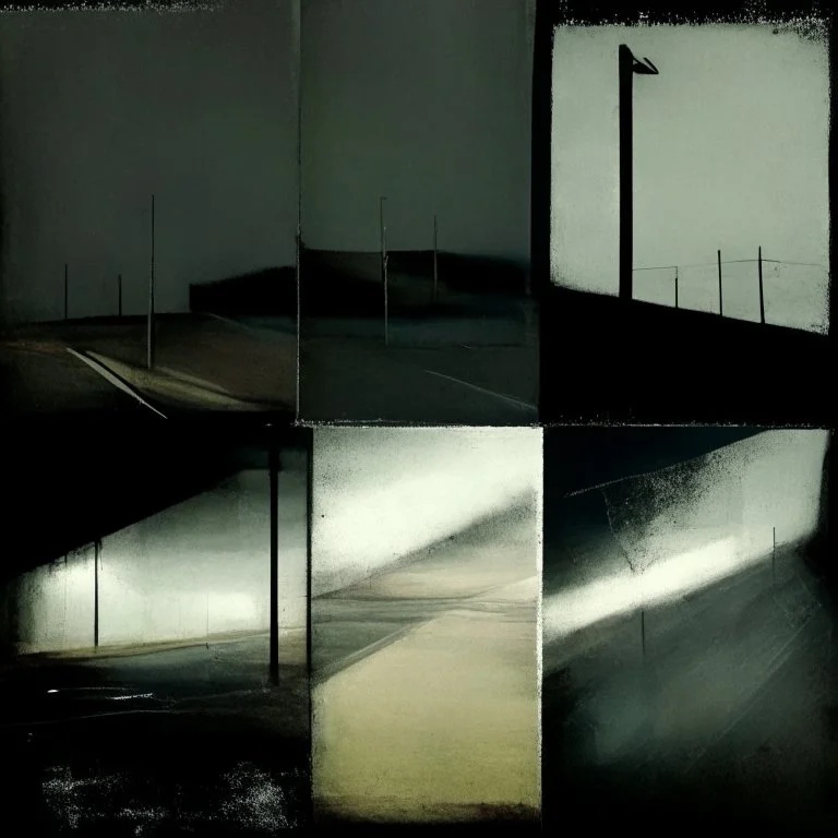 Minimal abstract oil paintings of a desolate 1960s carpark. Illuminated by spotlights. On the floor are concrete fragments and road markings . In the dark mysterious style of Justin Mortimer and Francis Bacon.