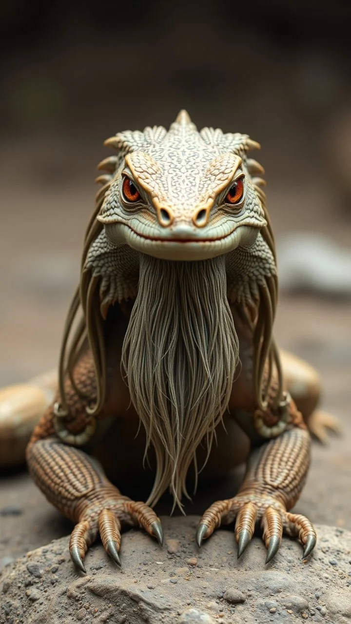Lizard front view with human look face and long hair and beard looks like an ancient Sumerian gods