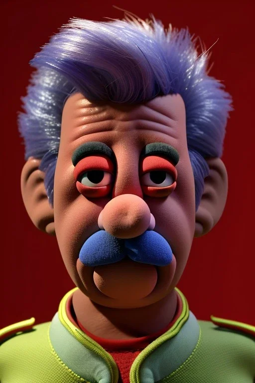 Waist up muppet Portrait, Nicolas maduro us muppet doll, Venezuelan president, tracksuit red blue and yellow, mustache, photo studio, red background, unreal engine 5, concept art, art station, ray tracing, lumen lighting, ultra detail, volumetric lighting, 3d.