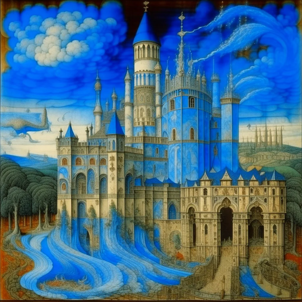 A cyan monastery in a tornado designed in medieval tapestry painted by the Limbourg brothers