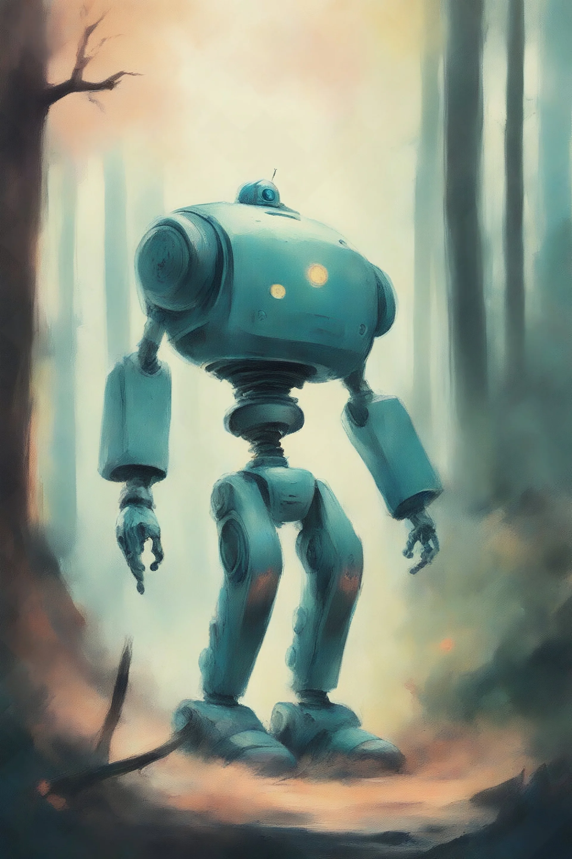old illustration of a robot in the forest, style of Tyrus Wong, pastel colors