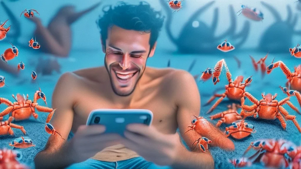 guy smiling while watching censored videos on smartphone surrounded by tiny crabs