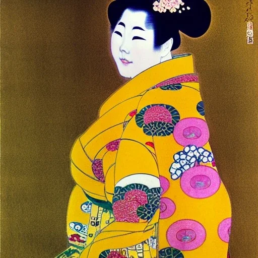 Retrato de cuerpo entero una Geisha voluptuosa con kimono con el estilo de Gustav Klimt