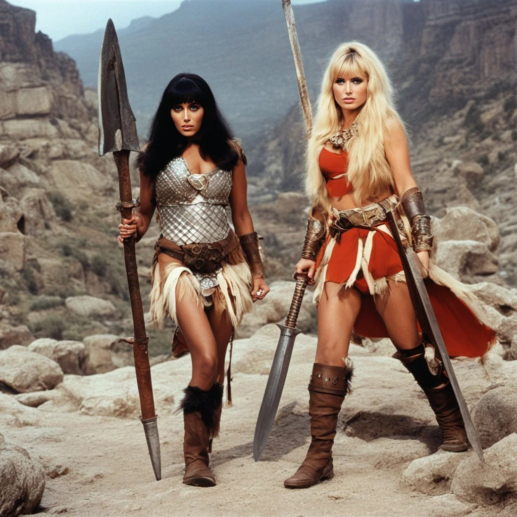 [Jameela Jamil (Tahani Al-Jamil) and Kristen Bell] as barbarian warriors with boots and her battle axe [Jason and the Argonauts (1963)]