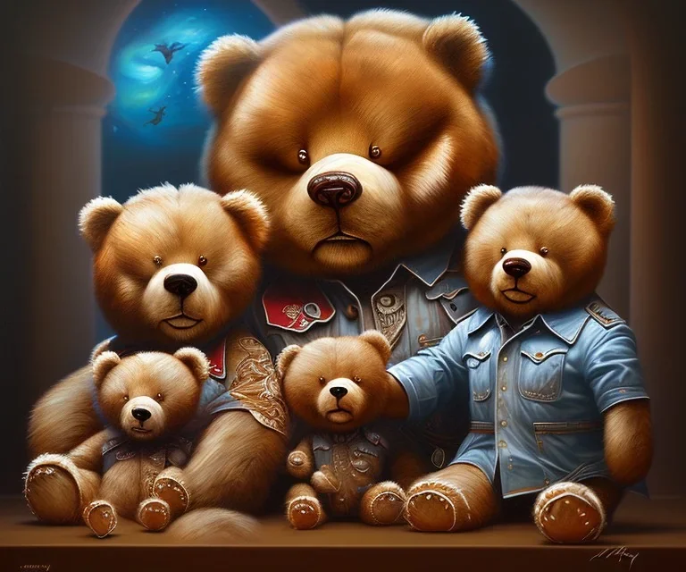 boy and big teddy bears. oil on canvas