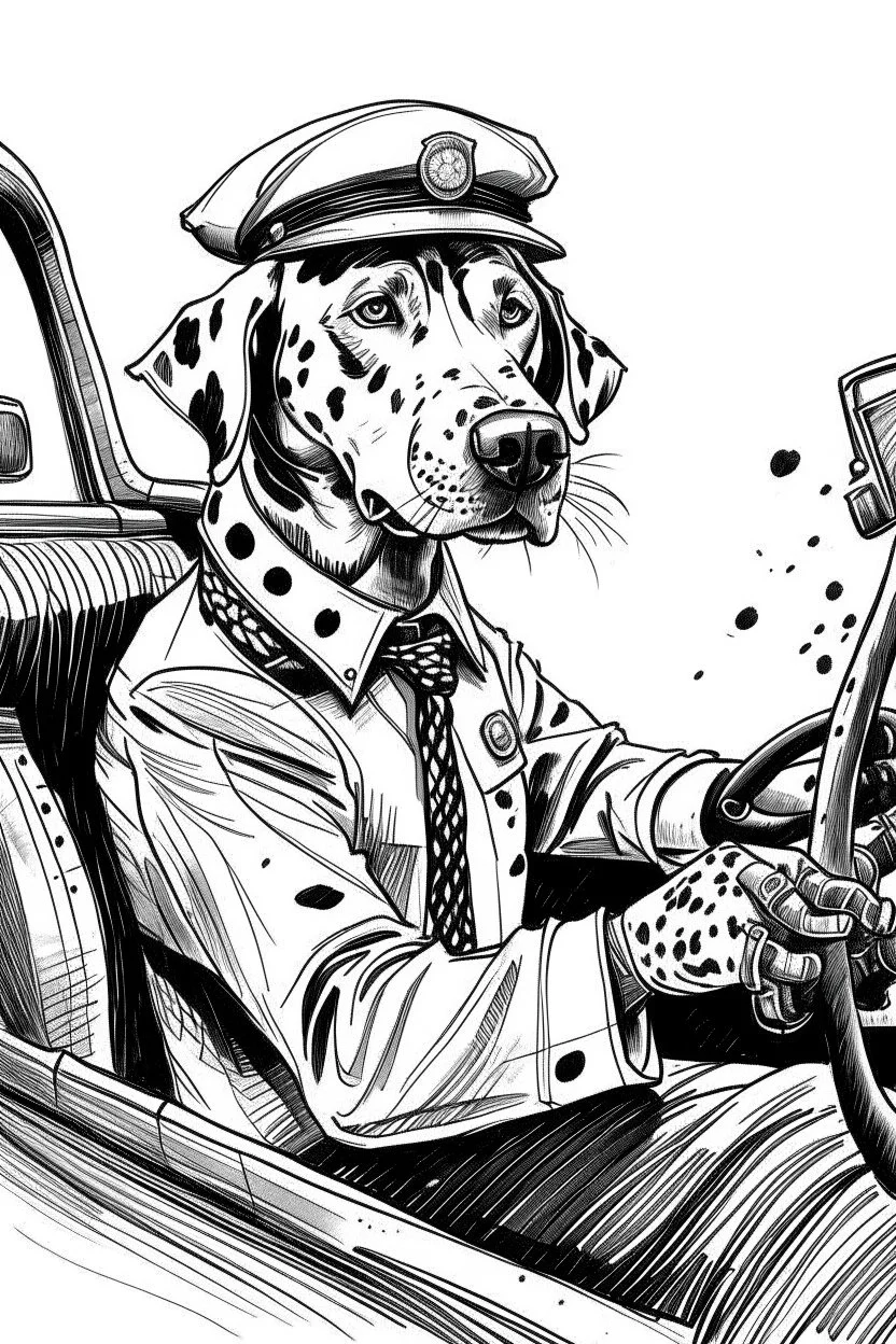 Ink sketch of a dalmatian dressed as a black cab driver with one hand in the driving wheel