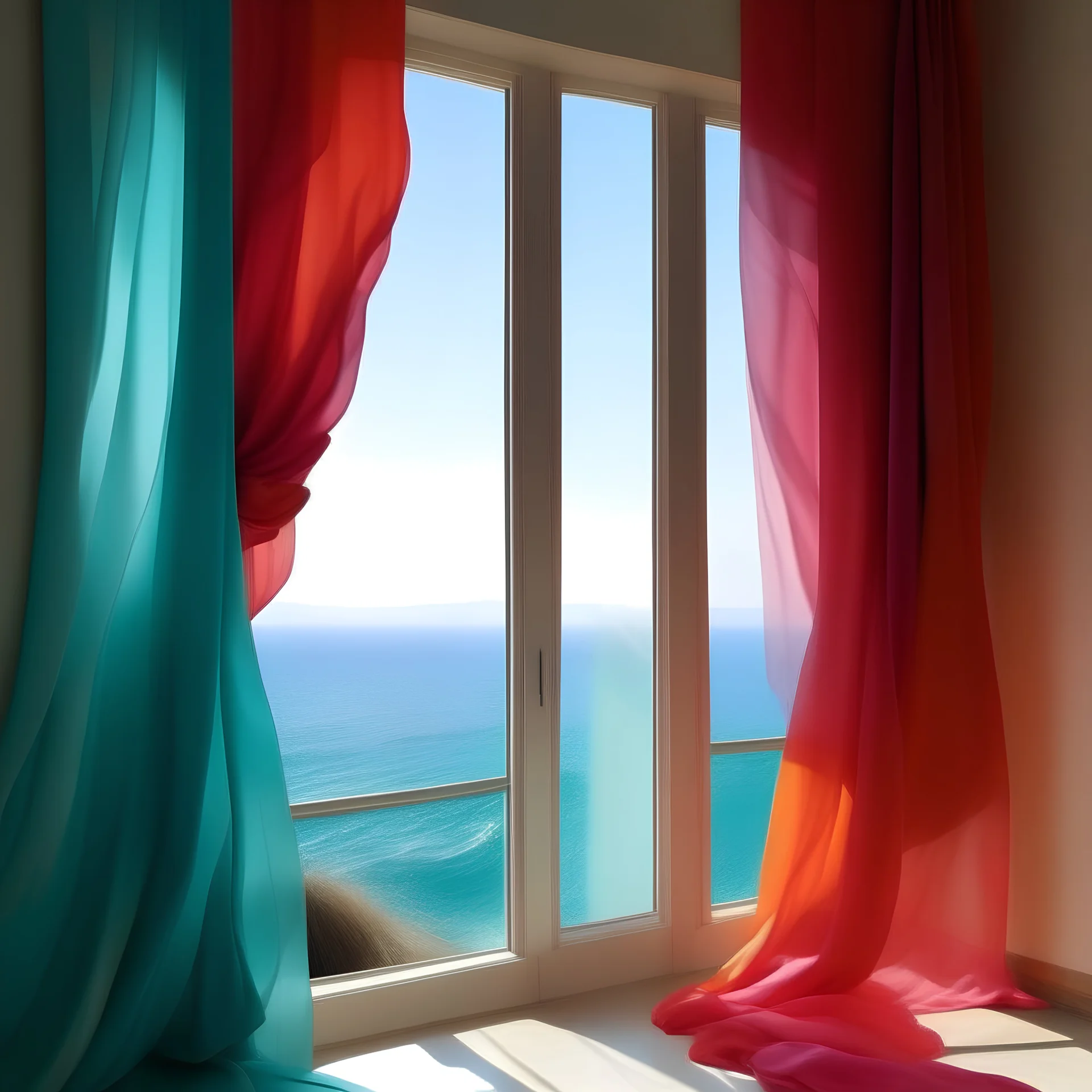 MonicaVitti, , curtain above the sea, turquoise, pink, orange, red, wind blowing