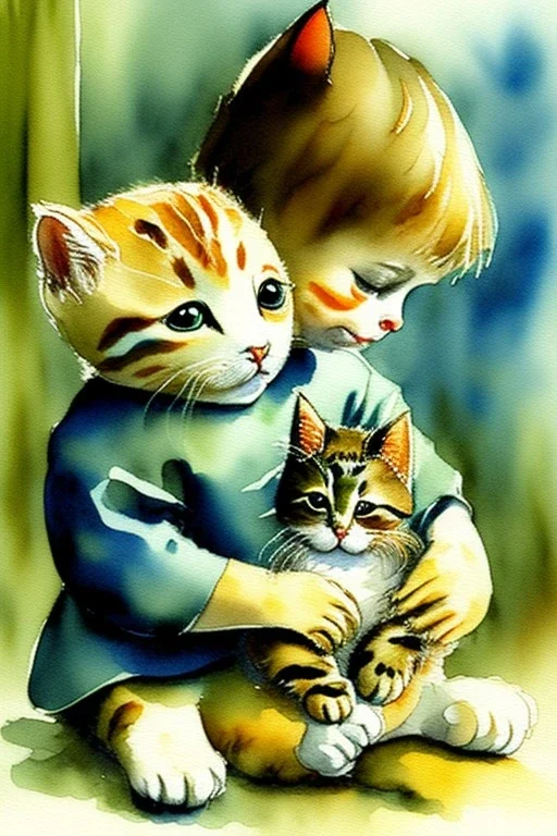 A cute cat is holding a kitten. Watercolour