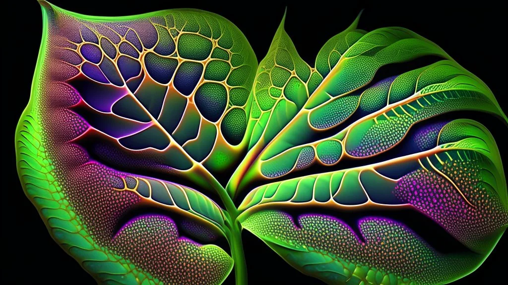 rendering of plant leaf in quantum physics style, leaf pores visible, psychedelic shimmering colors