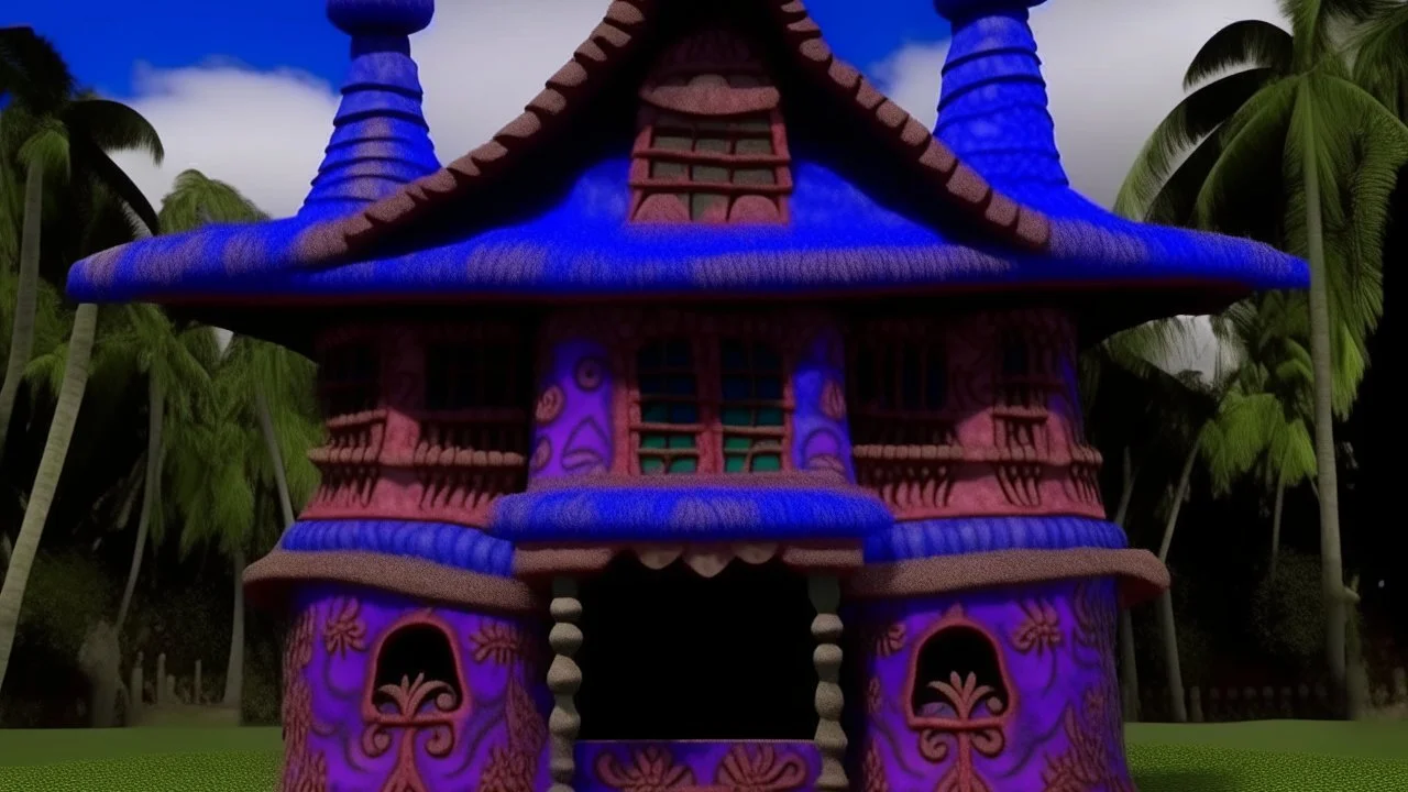 A blue violet castle designed in Hawaiian tikis painted by Leonardo da Vinci