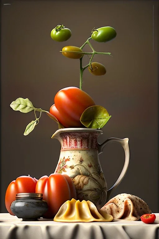 renaissance style still life composite, Raviolis with natural tomato, albahaca, olives, olive oil. Dish, moisture, art, natural, ornaments, ceramic, marble, high kitchen, smooth, god rays, unreal engine 5, ray tracing, RTX, lumen lighting, ultra detail, volumetric lighting, 3d.