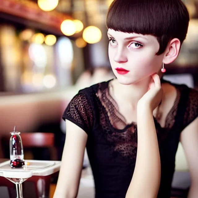 Russian boyish boylike female figure short man's haircut boyish face boyish features in black girlish lacy cocktail dress earrings in restaurant