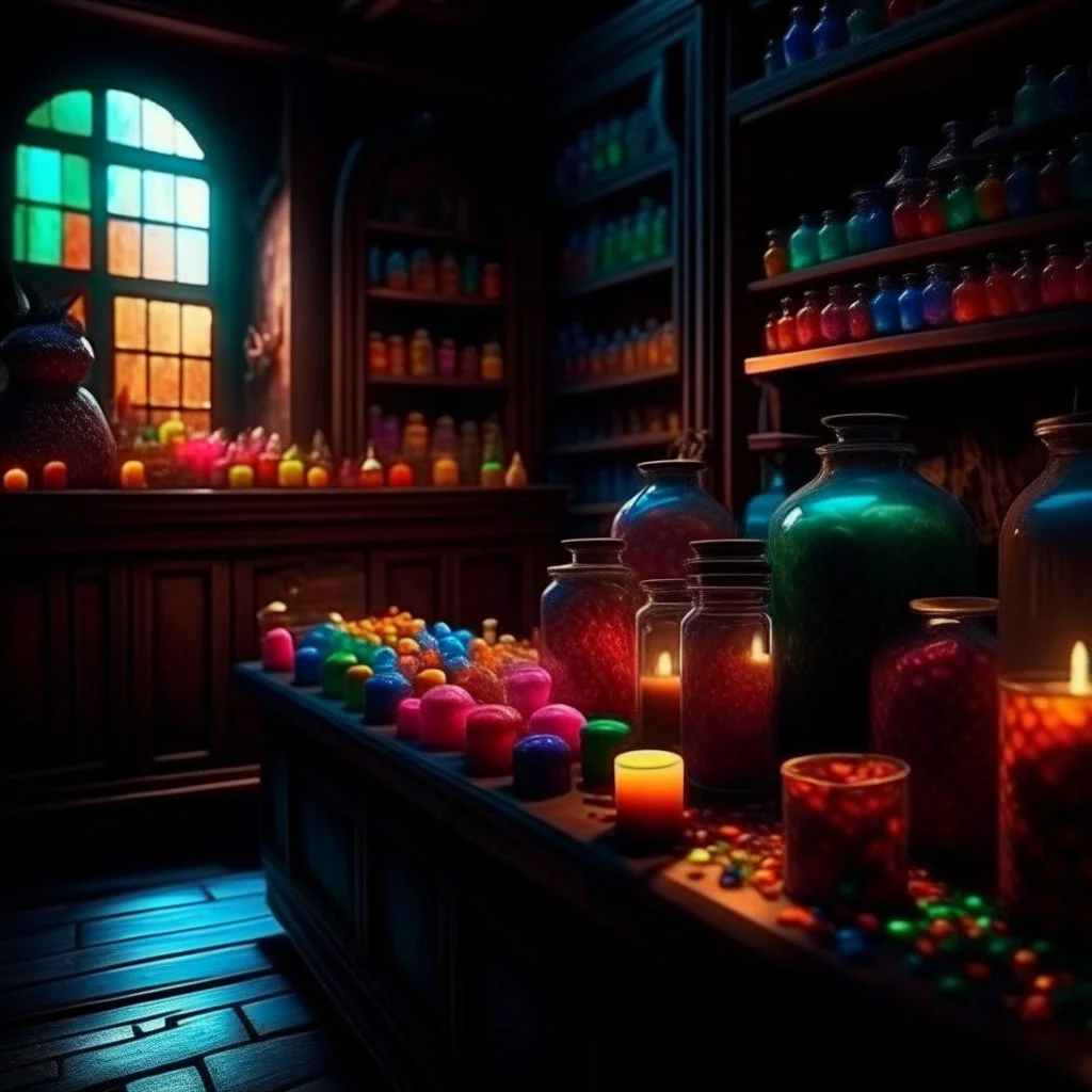 magic shop, magical treats and candy in jars, magical books and wands everywhere very dark room, candle light, bright vibrant colors, glowing sparkle particles, dark tone, sharp focus, high contrast, 8k resolution, incredible depth, shallow depth of field, dramatic lighting, beautifully intricate details, clean environment, epic dynamic scene