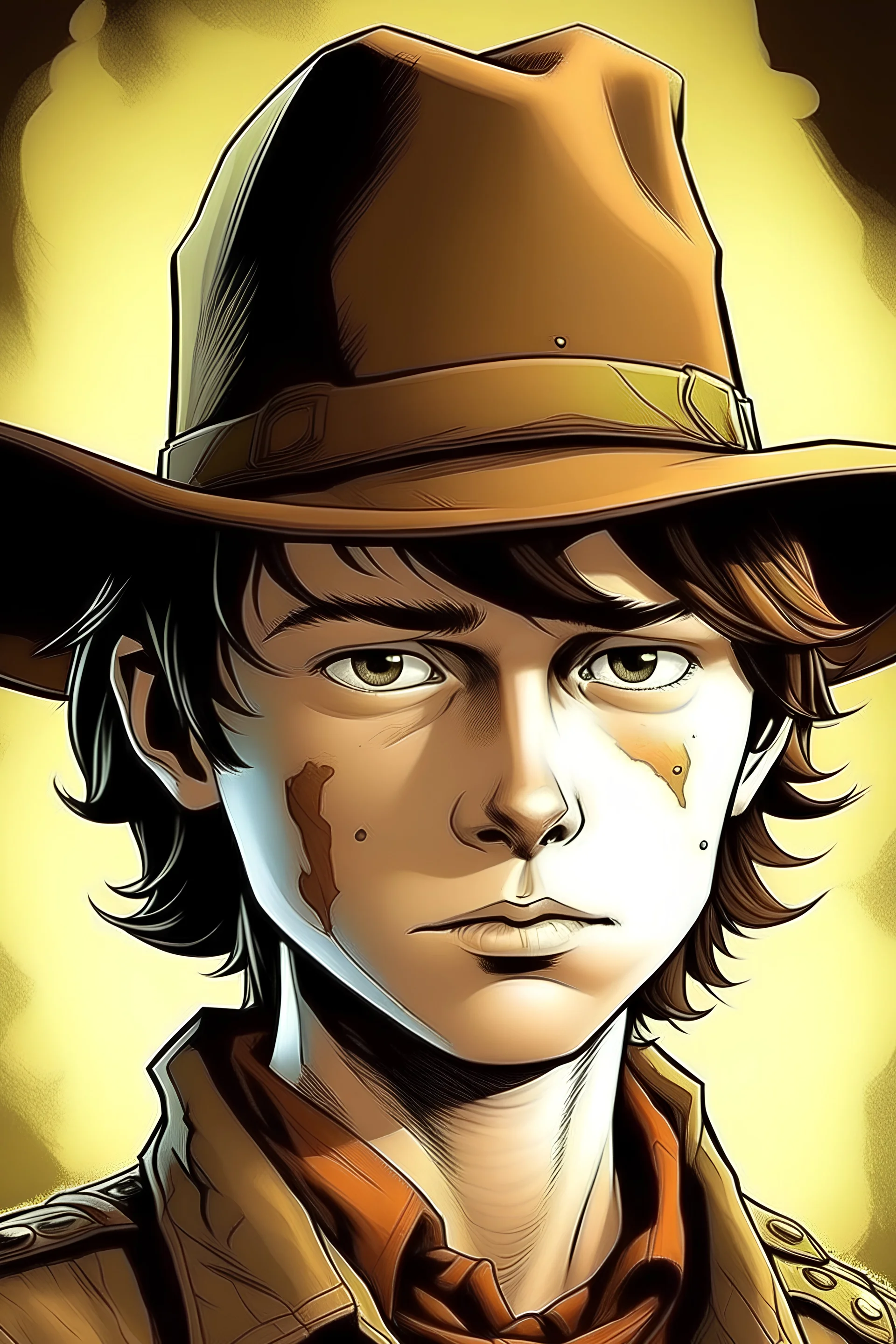 create an illustration of Carl Grimes of "The Walking Dead" Comic Books and TV Show. Feature Carl in his sheriff hat and with his eye patch. Keep the character true to the graphic novels, with Carl in his teenage years