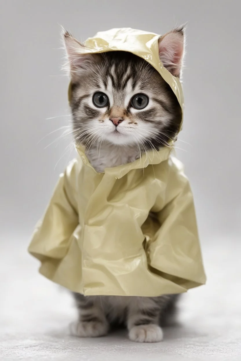 baby cat in raincoat. Chibi, Photograph, Canon DSLR, Tilt - shift, white background, high definition, Complete and coordinated composition, 8k