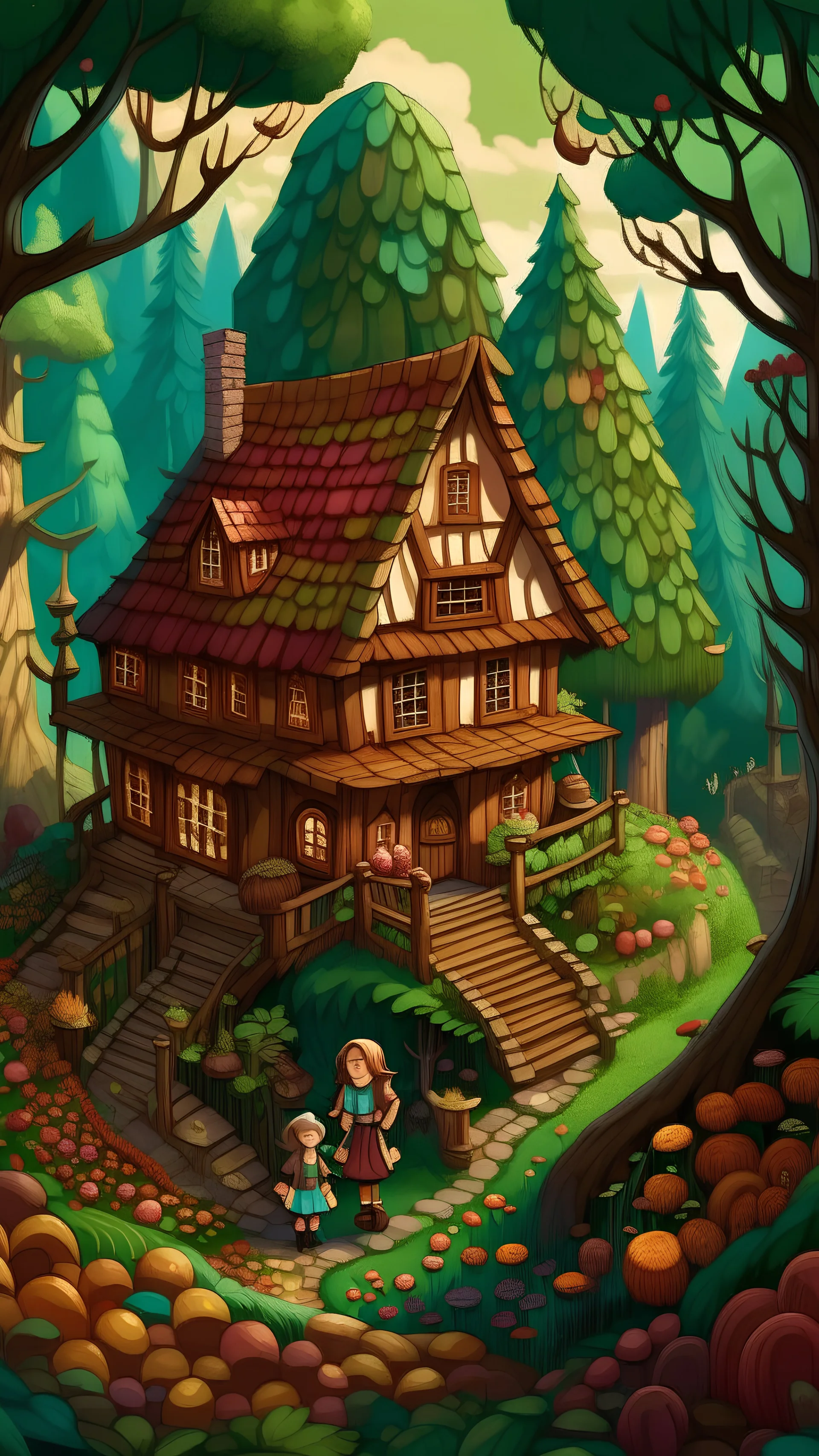 un bosque frondoso donde Hanzel y gretel observan una casa hecha con caramelos y chocolates estilo disney