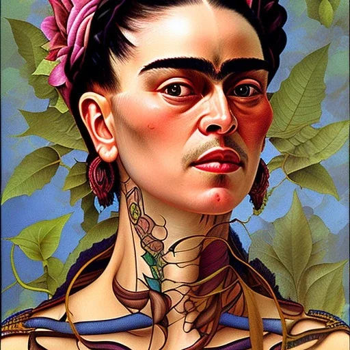 A beautiful portrait of Frida Kahlo by alphonse mucha, japanese tatoos, 4k, high details