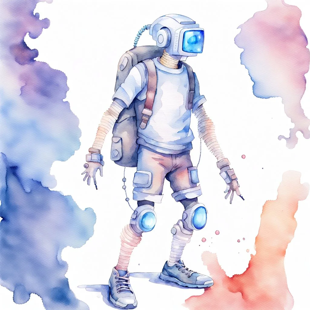 Male cypebpunk character connected to AI exploring other AI - Watercolour and Watercolour Painted Style - Jenny Rainey Style