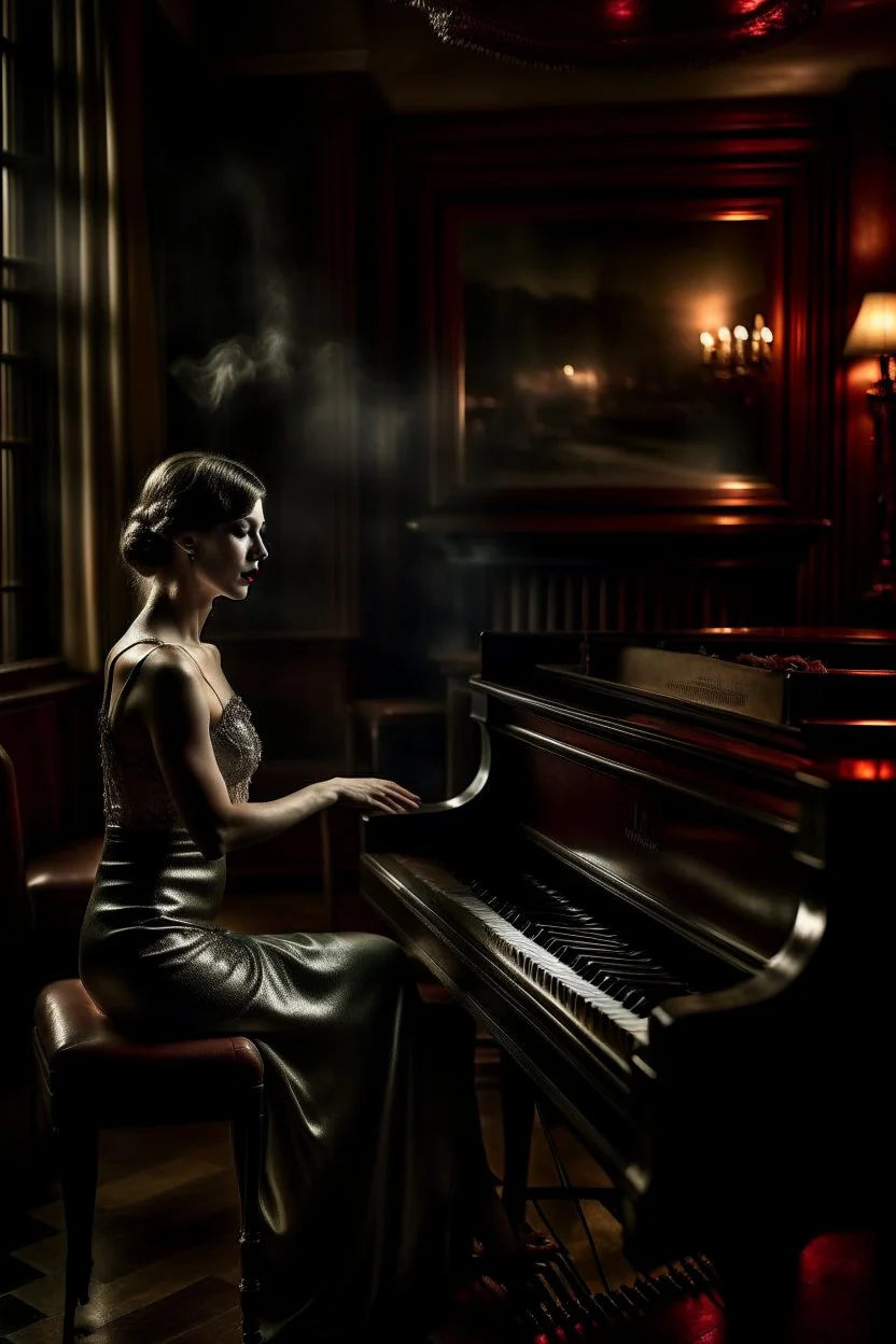 A woman playing a piano in a smoky bar from the 1930s. A nostalgic, moody atmosphere. The pianist is elegantly dressed. The lighting is dim and sultry, casting soft shadows across the room, highlighting the swirls of smoke and the reflective surface of the piano. The bar is adorned with Art Deco elements. The image is rich in texture and depth. The scene is captured as if through a Leica M3 camera for its timeless quality, with attention to the grain and tone of a high-speed film.