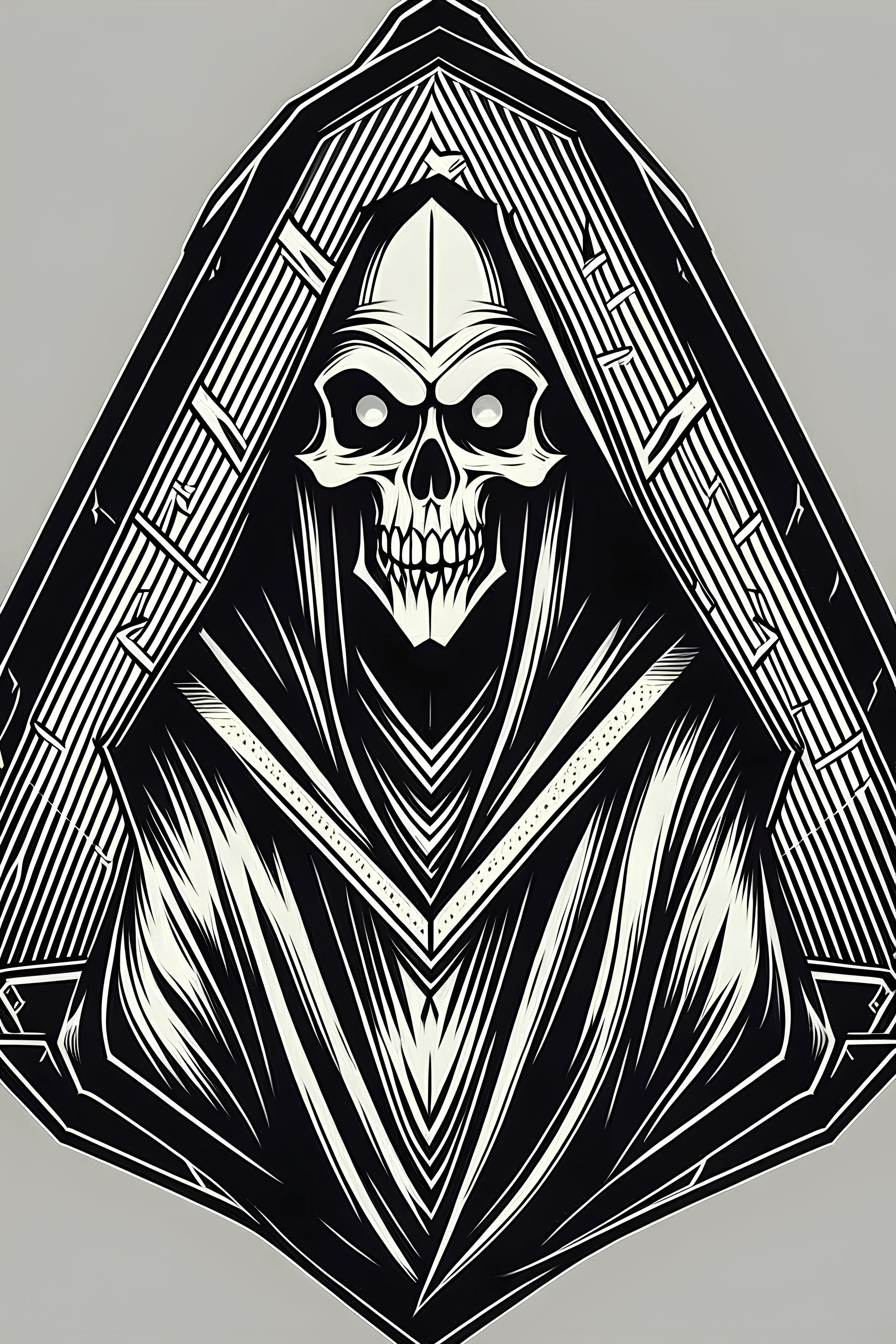 retro cartoon style grim reaper, from the waist upward, in a diamond shape, monochromatic