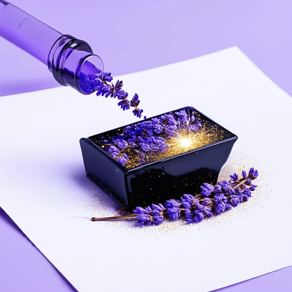 inkwell tipped over spilling an lavender and gold sparkling ethereal cosmic twilight skyscape onto a piece of white paper, surreal illustration, concept art