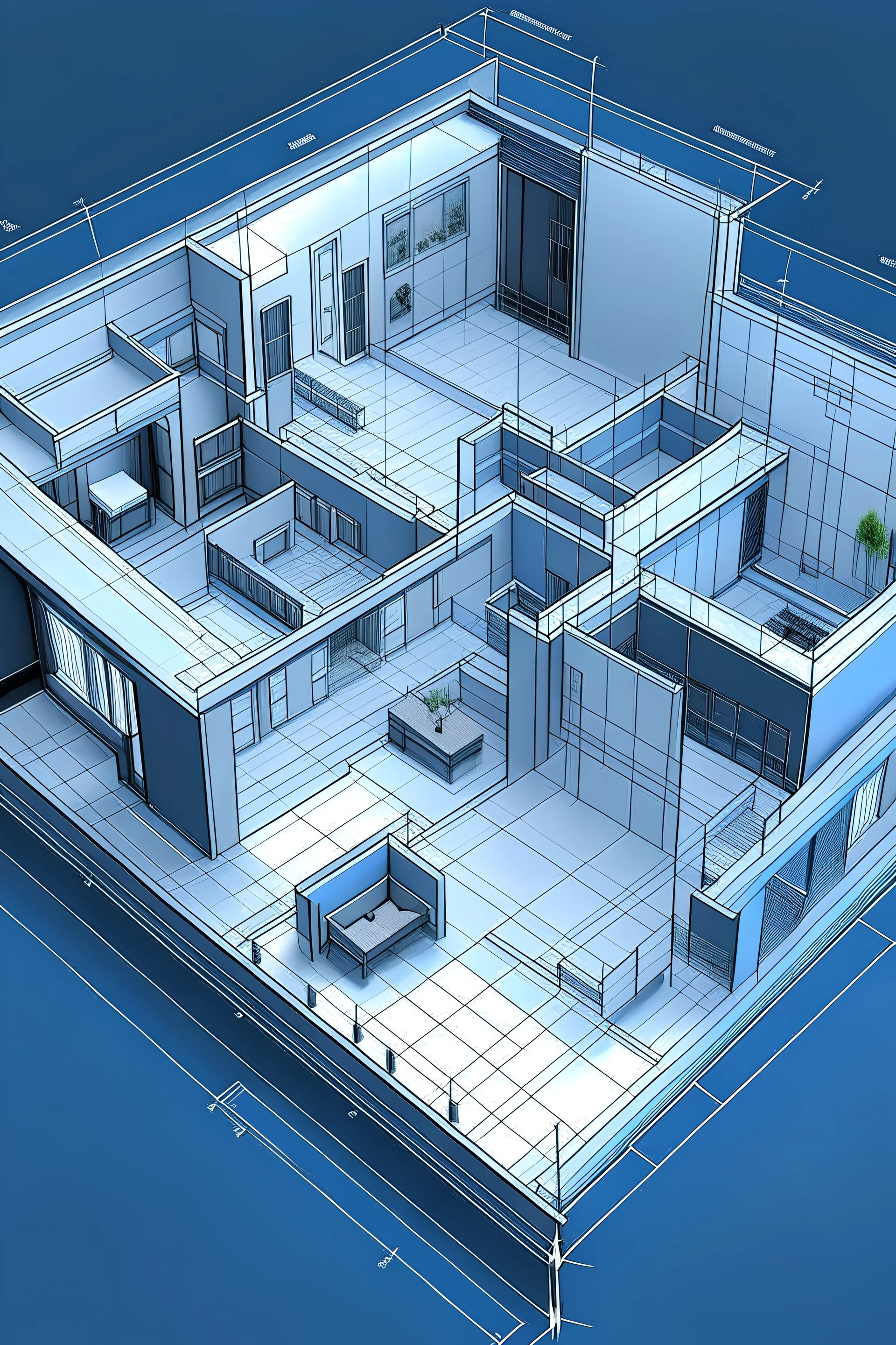 creame el plano de una casa moderna desde 4 prespectivas