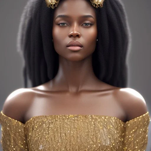 A portrait of a beautiful youthful black woman, wearing a black dress, long hair, black hair, wavy hair, wizard, magical, ethereal, soft bright lighting, Concept art by wlop, Ultra quality 8k, Fantasy.