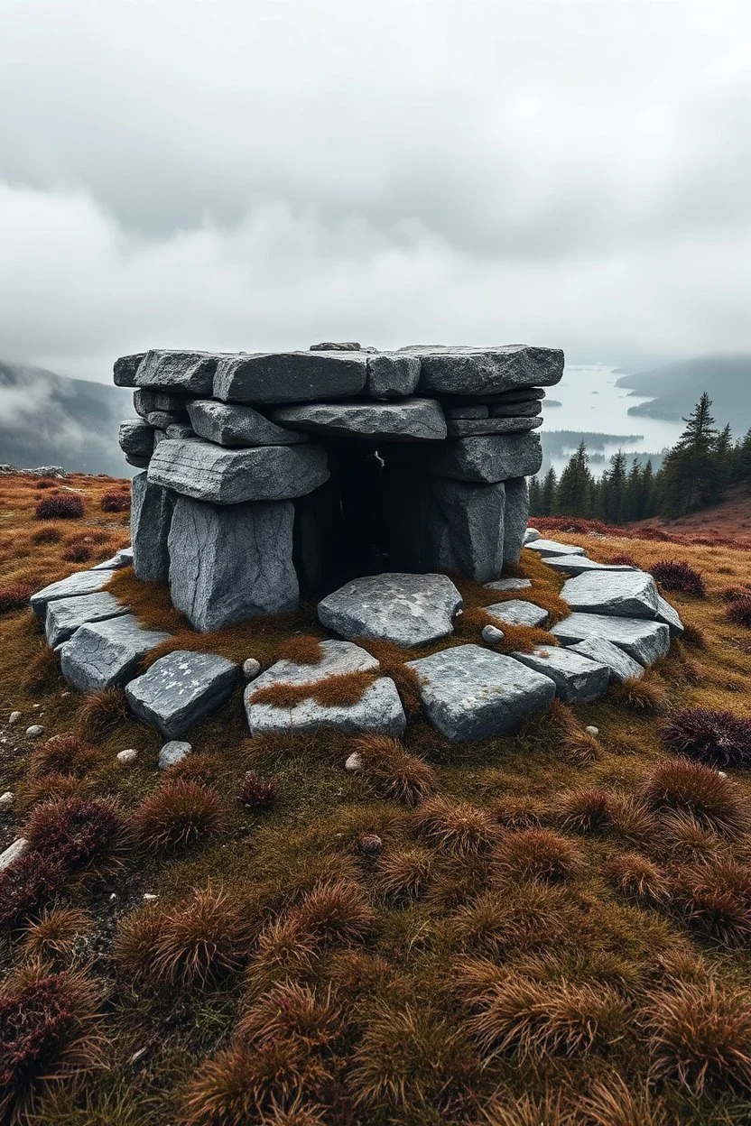 An ancient Norse horg in the Scandinavian wilderness: a low, rough stone altar made of irregular granite rocks, stacked without mortar. The stones are weathered, some darkened by soot from old fires. The horg stands on a small hill overlooking fjords and pine forests, surrounded by moss, heather, and wind-bent grass. Early morning mist drifts through the scene, cold northern light, overcast sky. No buildings, no people, only raw nature. Sacred, quiet, and timeless atmosphere. Cinematic realism,