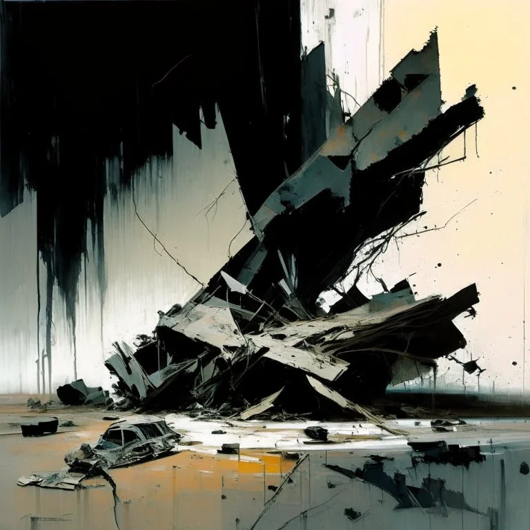 A dark abstract minimalist painting of Lebbeus Woods brutalist concrete twisted bodies. Concrete car Breaking apart. In a desolate landscape at. In the style of by Ashley Wood and Justin Mortimer. Large oil brushstrokes