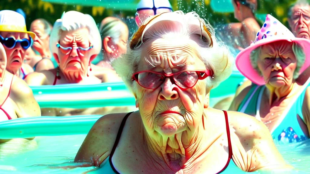 older lady pouting at a crowded water park