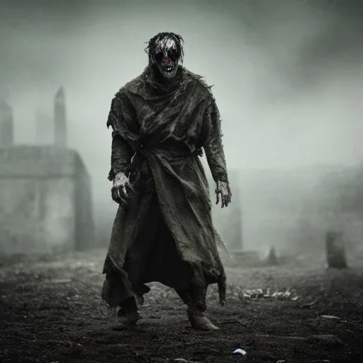 a phantom zombie wearing clothing that is in rags, volumetric lighting, game of thrones, deadly, terrible, worst nightmare, razor sharp teeth, haunted house background, lightning cracking behind, dark fantasy