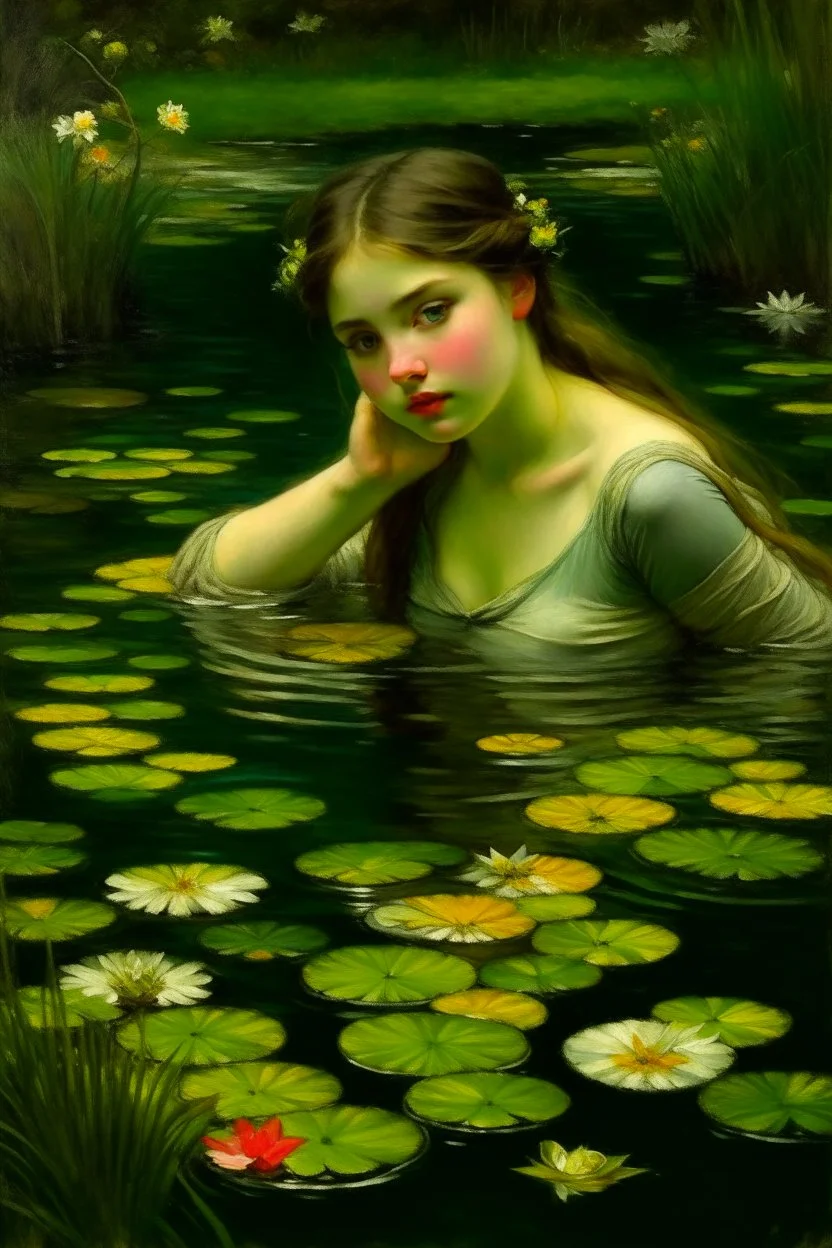 a beautiful woman in clear water, pond of lily, by John William Waterhouse and Jason Chan, Johannes Voss