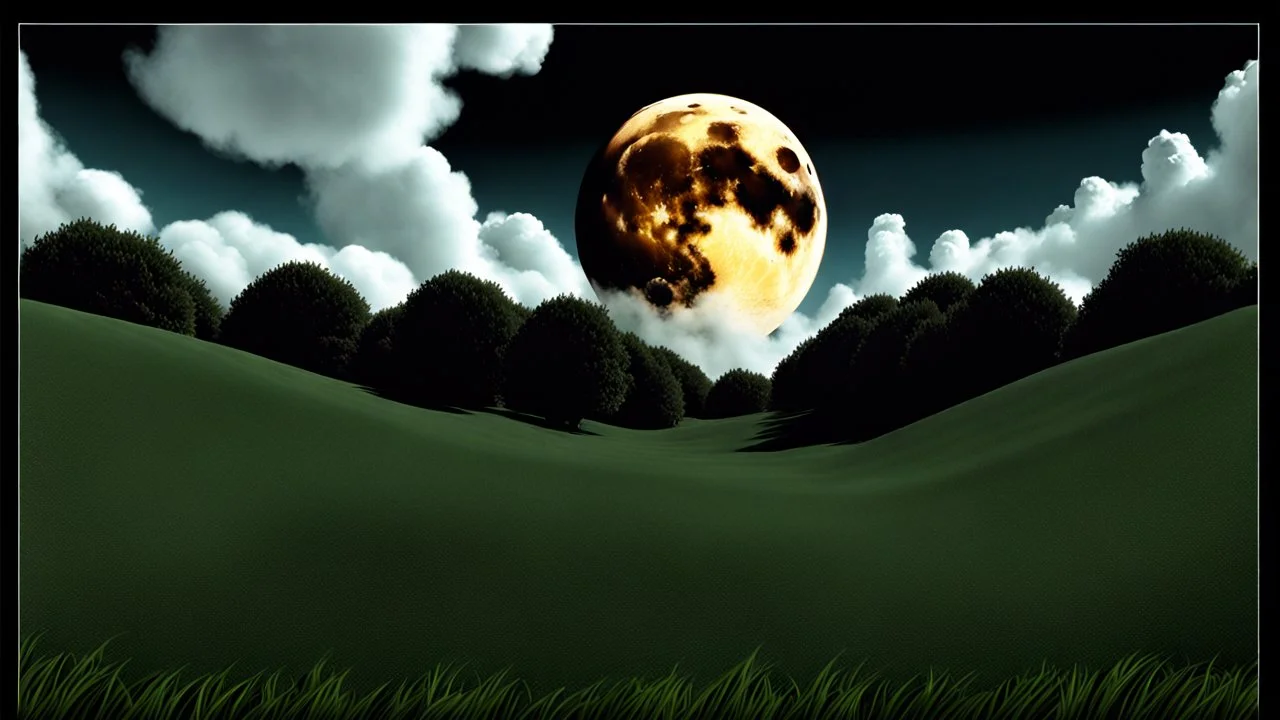 giant virtual moon, maximum quality, centered on frame, far view, in the middle of a grassy hill, white sky with cumulonimbus