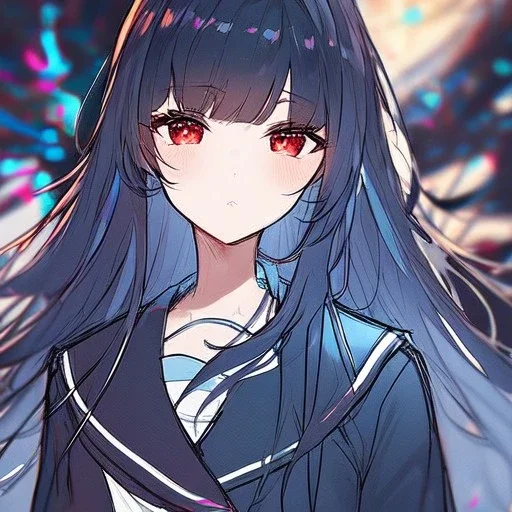 Clear focus, High resolution, long black fluffy hair, red eyes, chopped bangs, wearing a sailor uniform, wearing a sailor skirt, colorful, hollywood, female, no outlines, extreme close up, rough line sketch