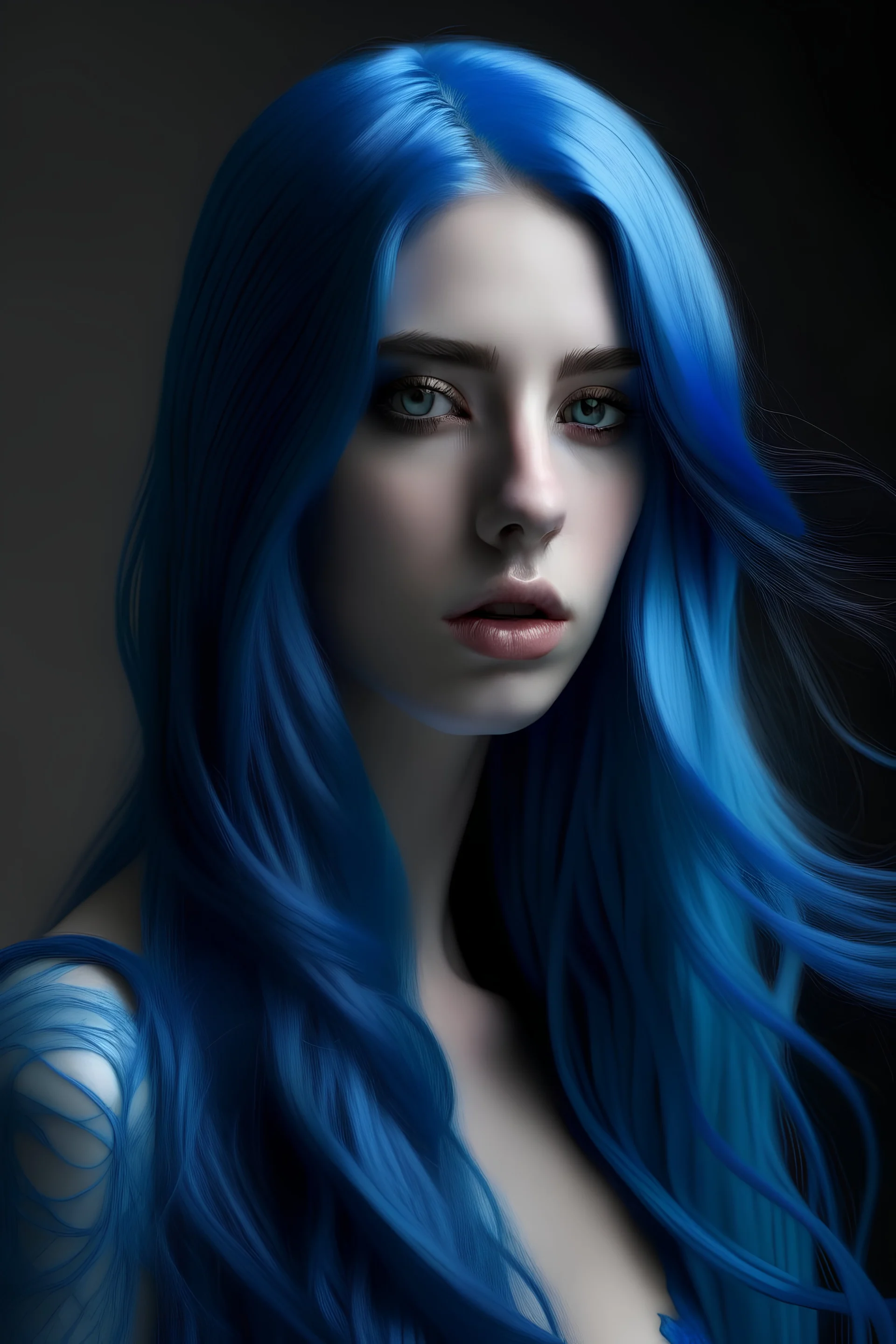 Hyper realistic model with long blue hair and blue eyes