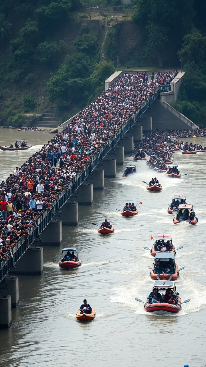 Thousands of people crossing a bridge that caused the bridge to collapse in the water, many boats are rescuing people