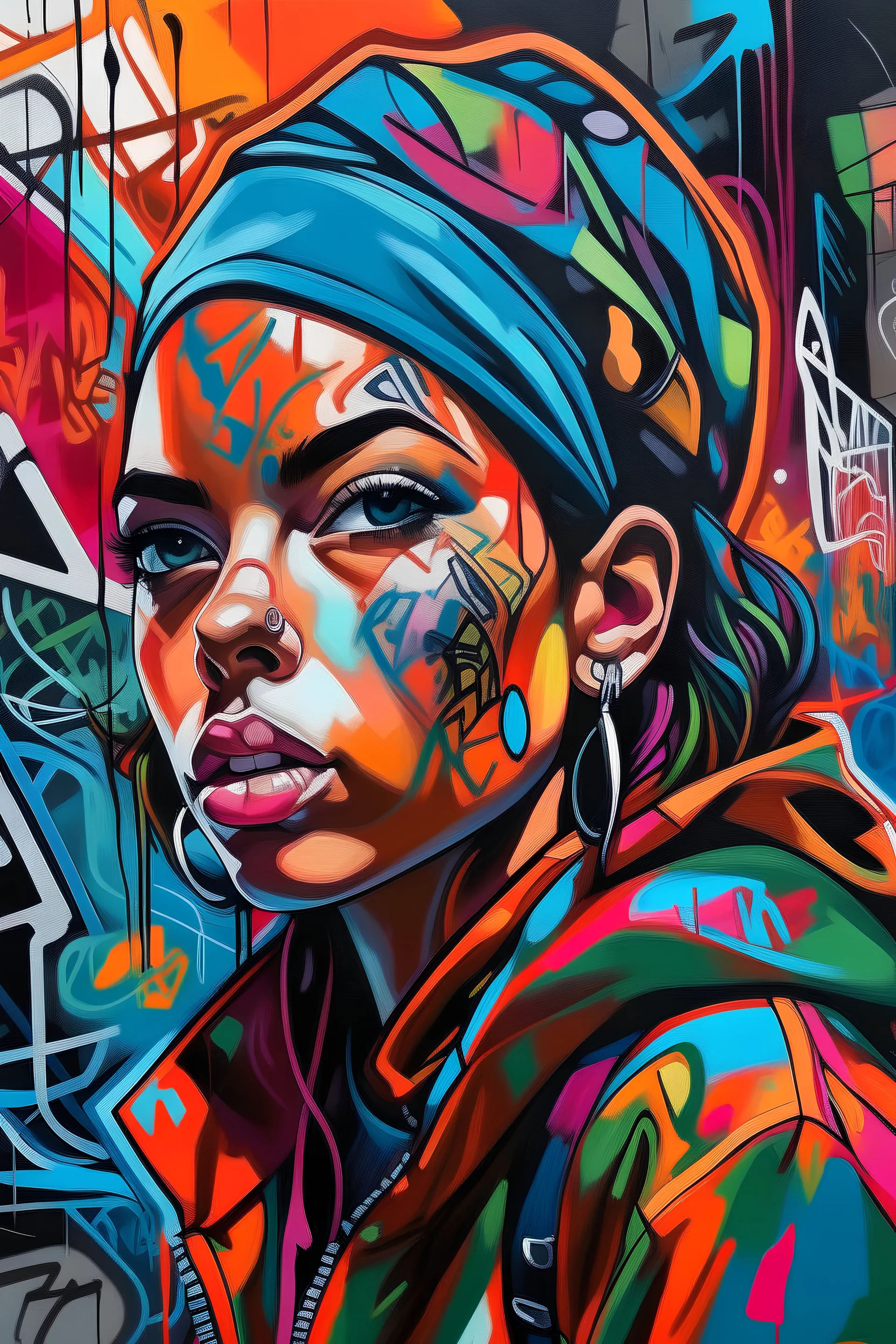 A bold, graffiti-style portrait of an individual surrounded by expressive, street art-inspired elements, including vibrant colors, dynamic brushstrokes, and urban motifs, encapsulating the subject's unique personality and connection to their city's cultural scene.