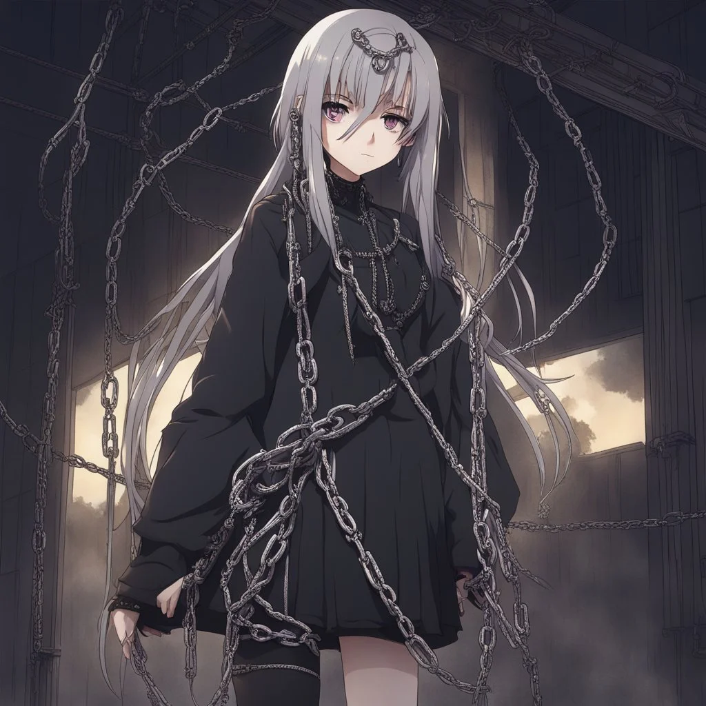 dark anime gilr with a chains in abism