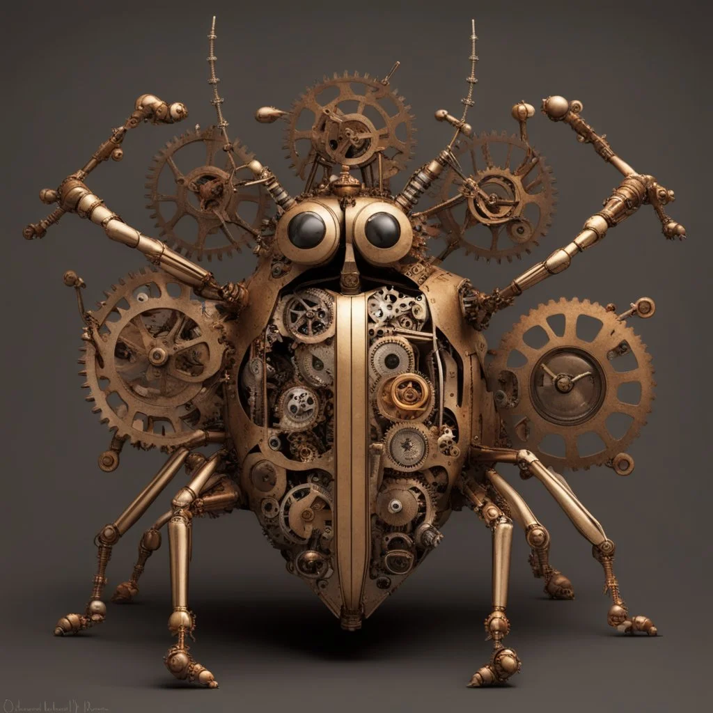 mechanical robotic stinkbug with steampunk gears all over the place, complete mechanical stinkbug beetle