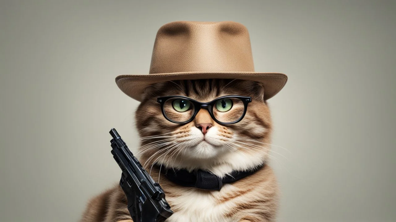 very clever cat with glasses and panama hat and gun