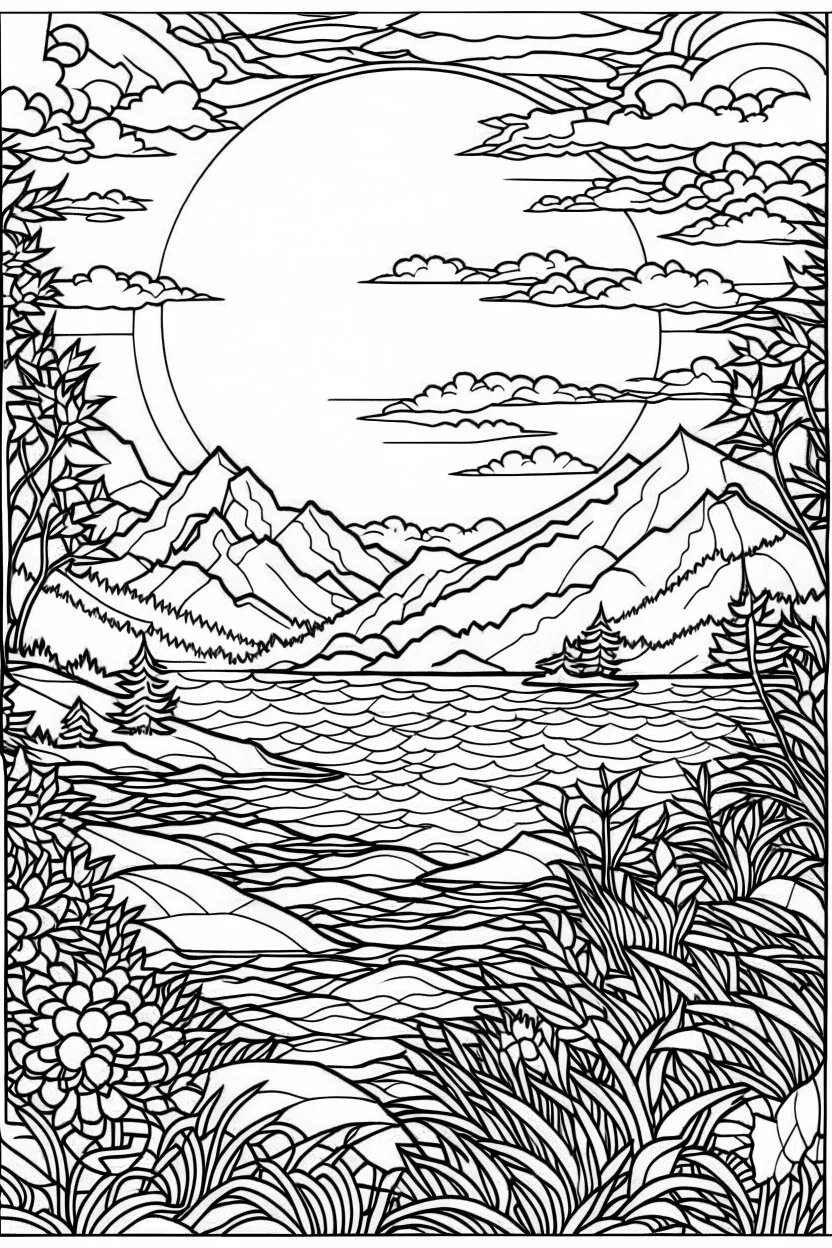 coloring book image of sunset