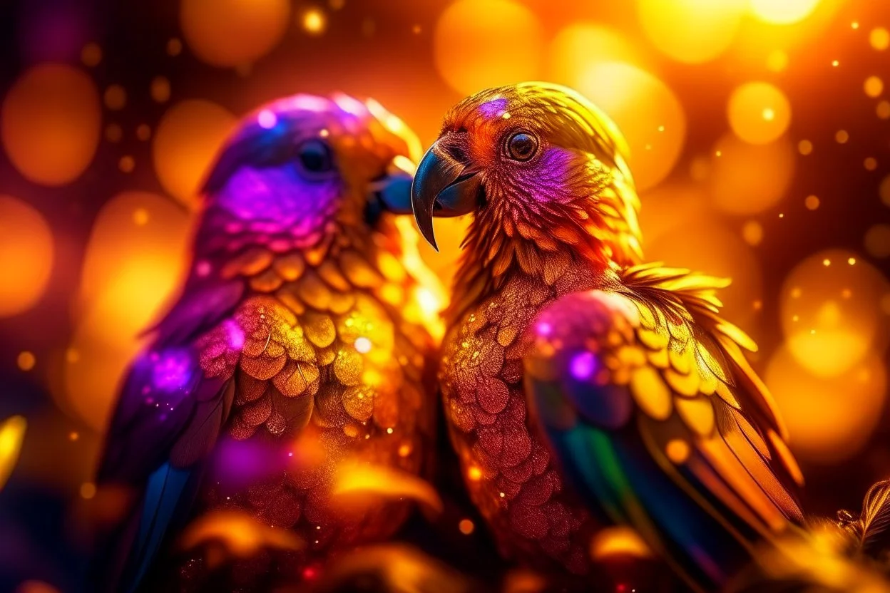 parrot-phoenix mix birds, a picture of togetherness, death, resurrection, purple in sunshine, watercolor and black ink outlines, sparkling golden glitter, ethereal, cinematic postprocessing, bokeh, dof