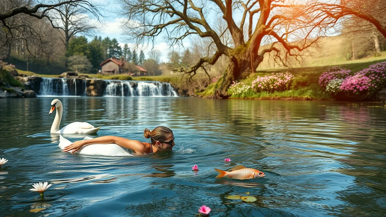 very beautifu lady is Breaststroke swimming in a beautiful river in country side with water falls and big tree,wild flowers and, swans pertty coloful fishes in river ,a pretty وbutterflies around flowers,heaven escape,